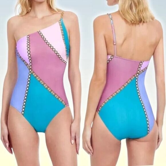 NWT GOTTEX Modern Shades One Shoulder Women's Swimsuit Size 6 Multicolor + Flaw - Picture 1 of 7